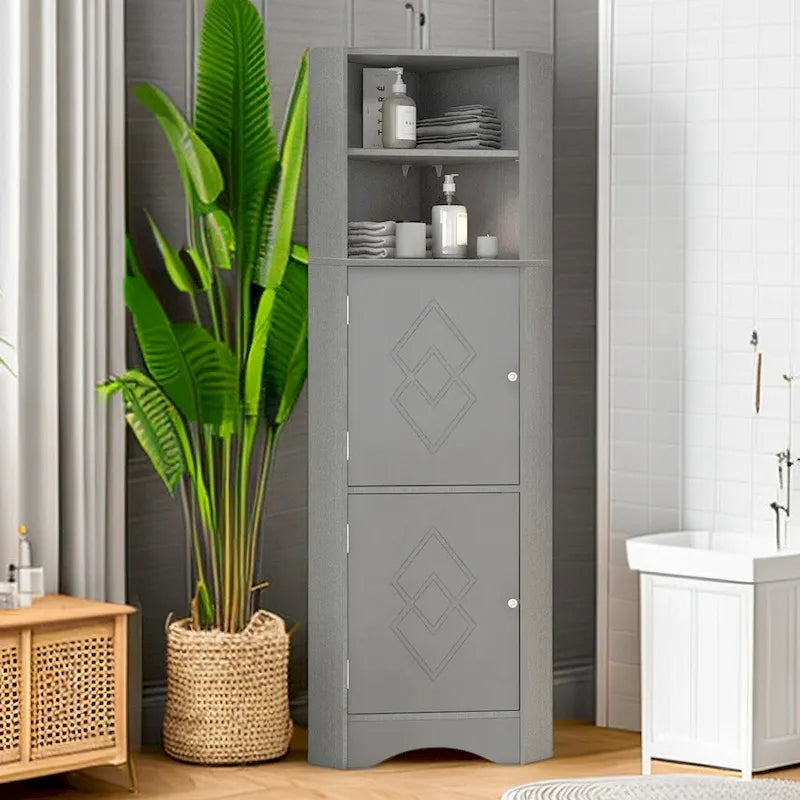 Meuble de salle de bain d'angle sur pied gris avec étagères ouvertes et portes