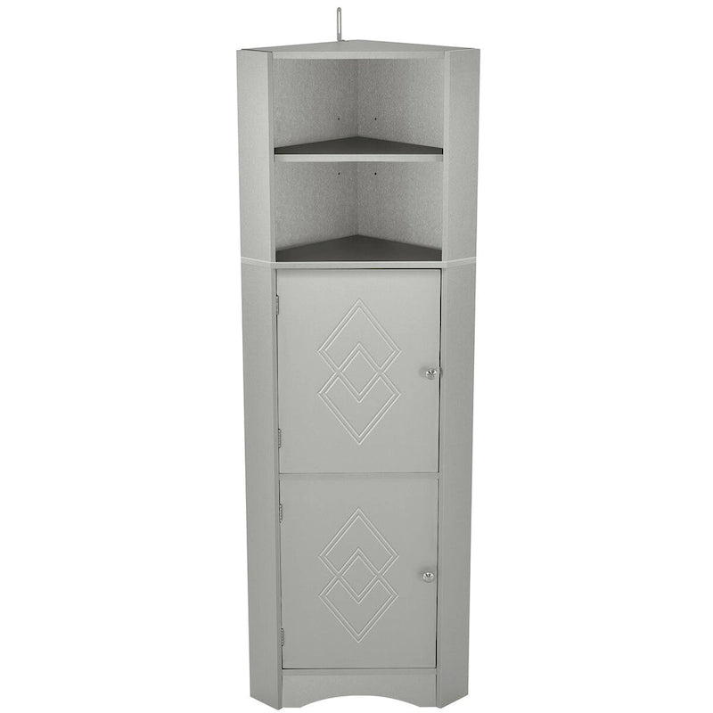 Meuble de salle de bain d'angle sur pied gris avec étagères ouvertes et portes