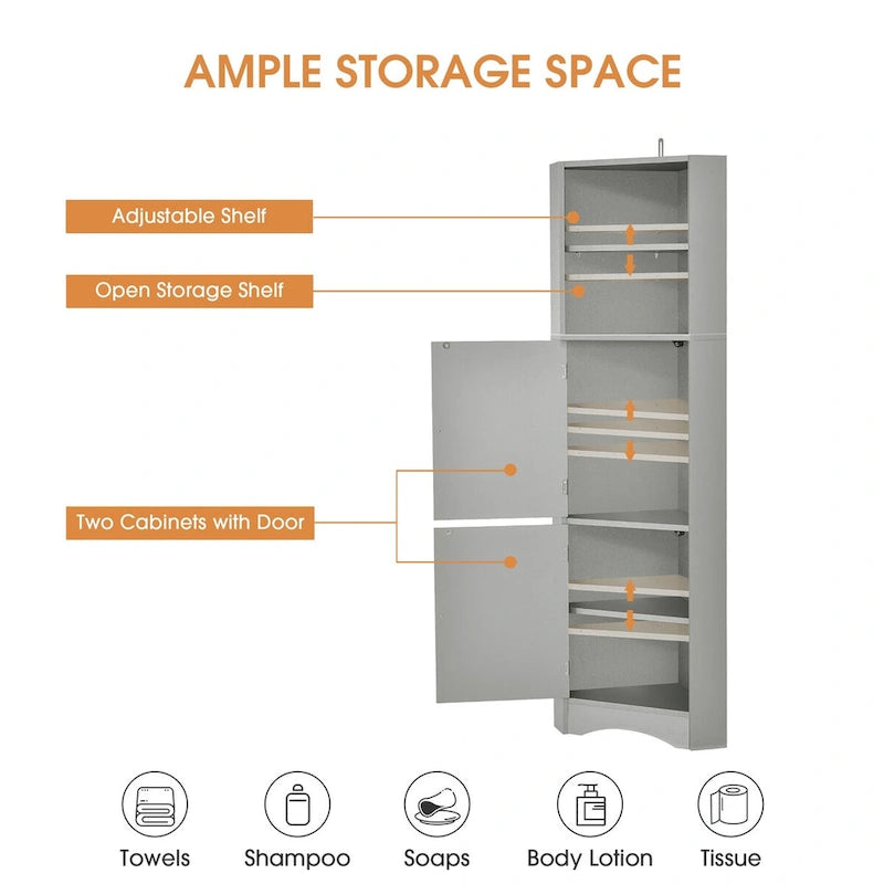 Meuble de salle de bain d'angle sur pied gris avec étagères ouvertes et portes