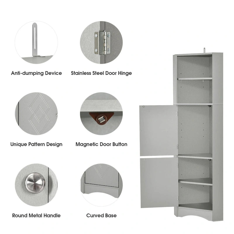Meuble de salle de bain d'angle sur pied gris avec étagères ouvertes et portes