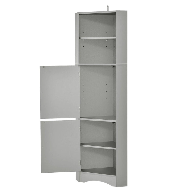 Meuble de salle de bain d'angle sur pied gris avec étagères ouvertes et portes