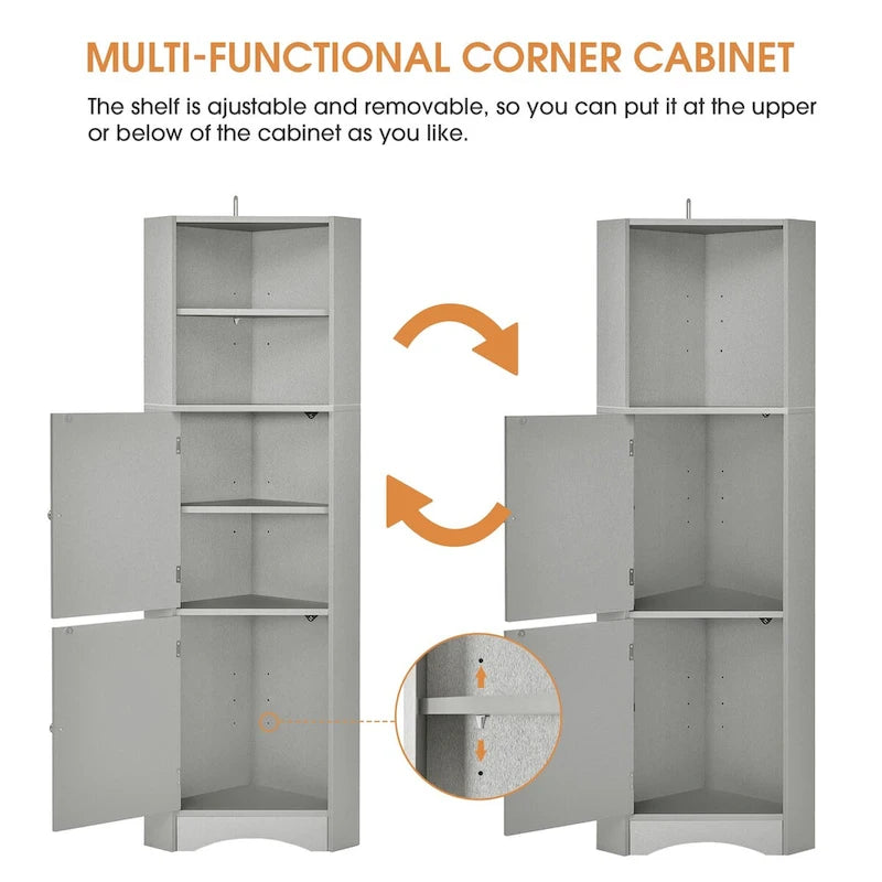 Meuble de salle de bain d'angle sur pied gris avec étagères ouvertes et portes