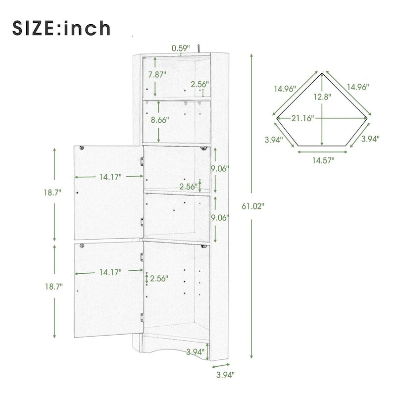 Meuble de salle de bain d'angle sur pied gris avec étagères ouvertes et portes