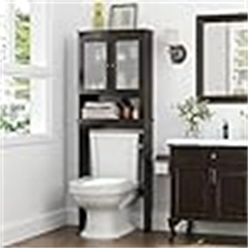 Meuble de rangement pour WC Espresso avec portes en verre et étagère ouverte