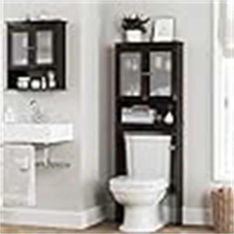 Meuble de rangement pour WC Espresso avec portes en verre et étagère ouverte