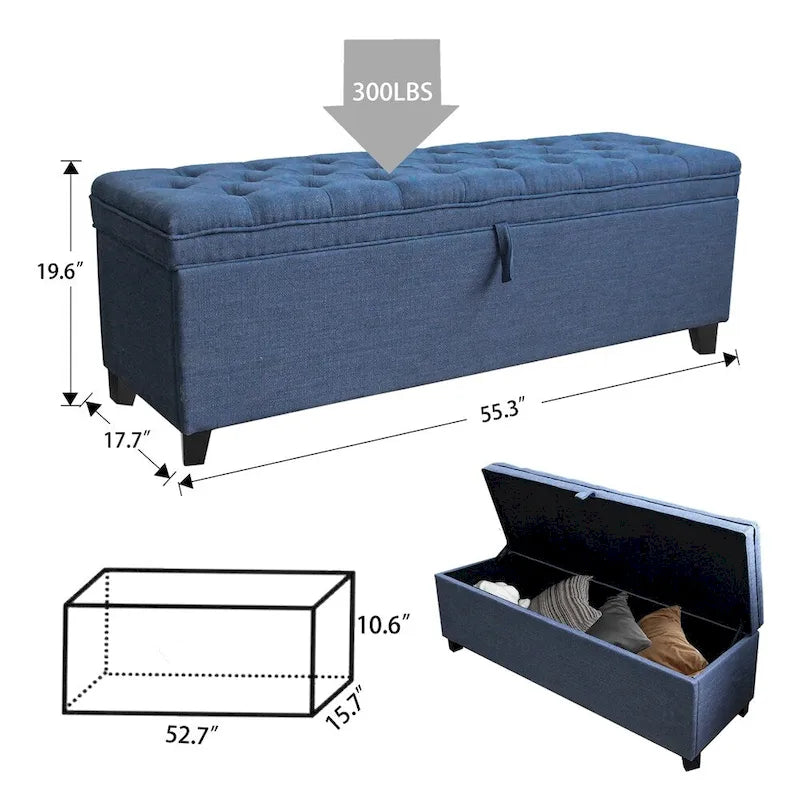 Banc ottoman de rangement extra-long capitonné bleu avec couvercle à charnières