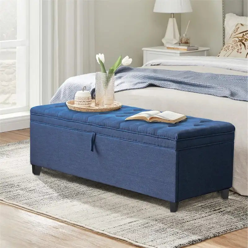 Banc ottoman de rangement extra-long capitonné bleu avec couvercle à charnières