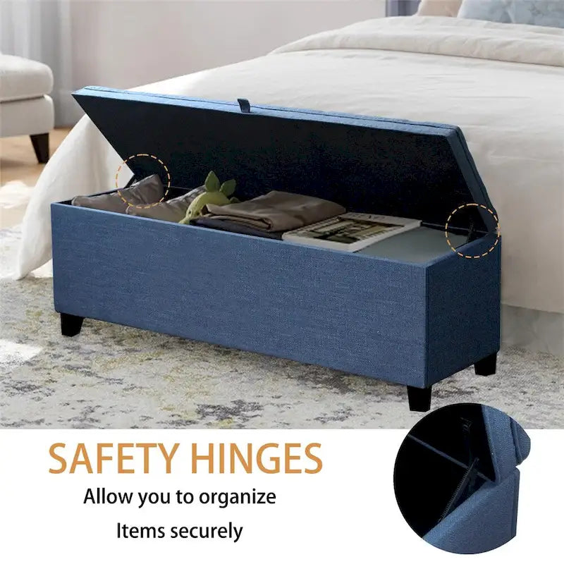 Banc ottoman de rangement extra-long capitonné bleu avec couvercle à charnières