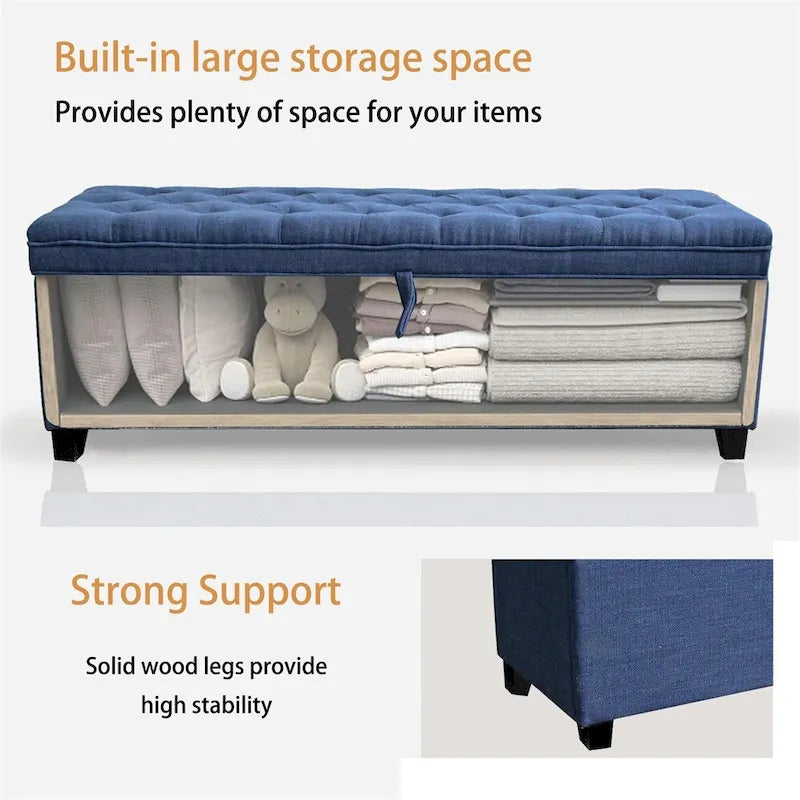 Banc ottoman de rangement extra-long capitonné bleu avec couvercle à charnières