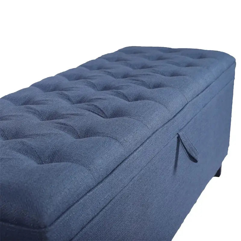 Banc ottoman de rangement extra-long capitonné bleu avec couvercle à charnières
