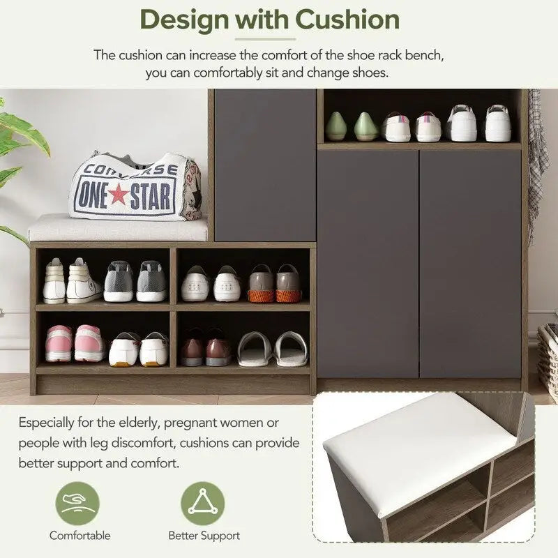 Meuble à chaussures de 140 cm avec banc rembourré, portes à ouverture par pression et étagères réglables