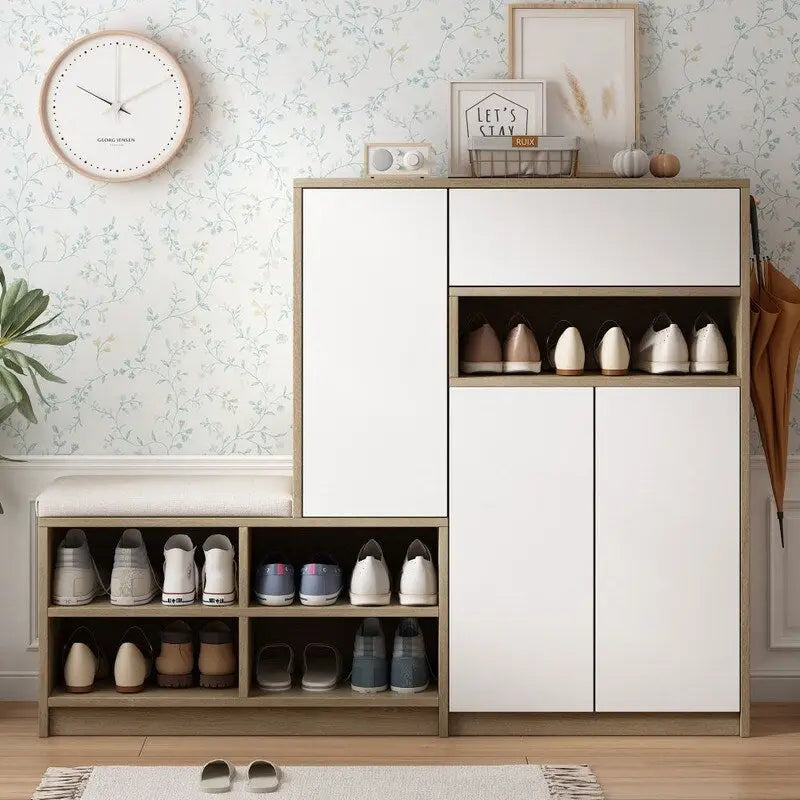 Meuble à chaussures de 140 cm avec banc rembourré, portes à ouverture par pression et étagères réglables