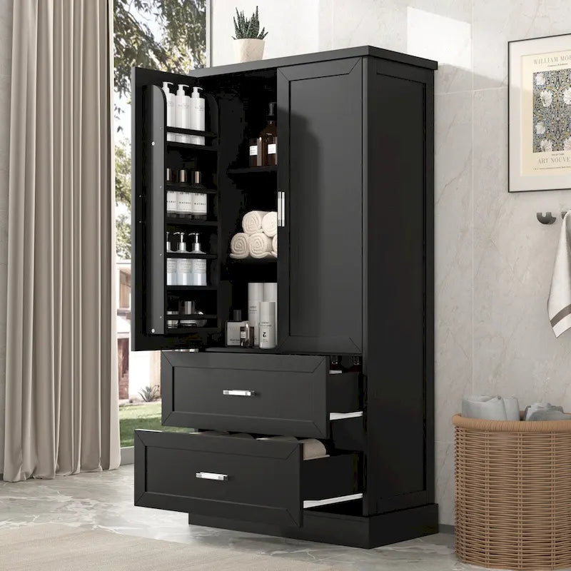 Meuble de rangement haut de salle de bain noir avec 2 portes et 2 tiroirs