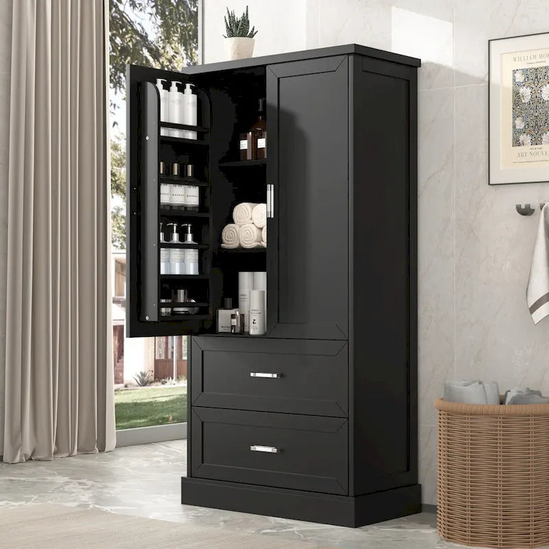 Meuble de rangement haut de salle de bain noir avec 2 portes et 2 tiroirs