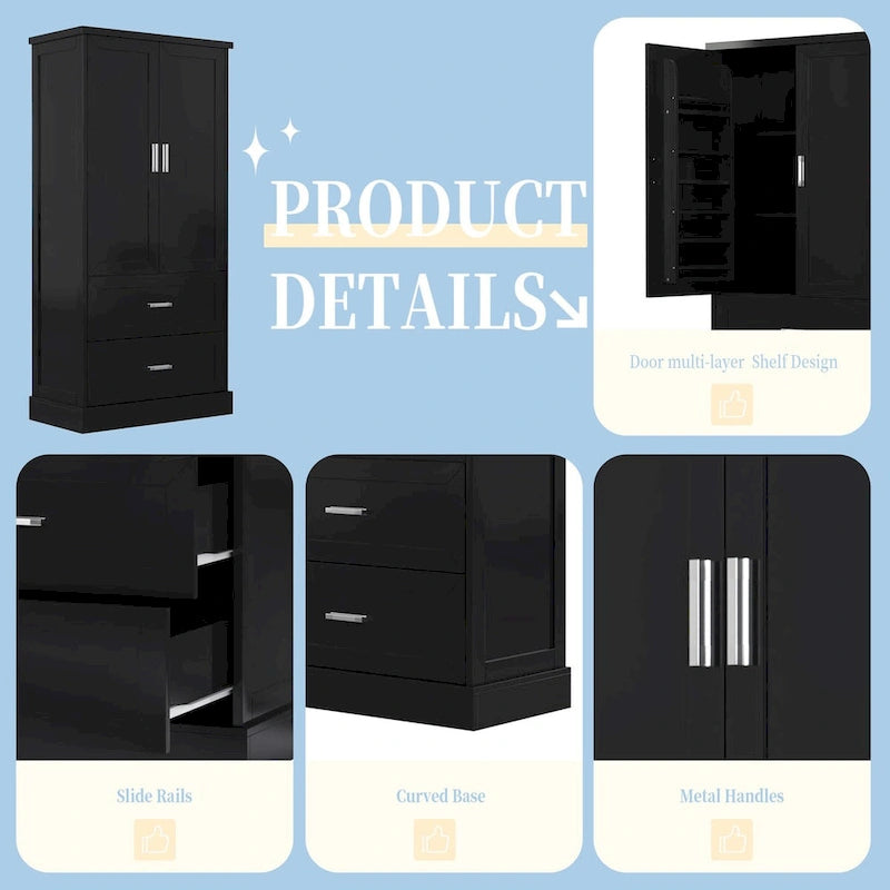 Meuble de rangement haut de salle de bain noir avec 2 portes et 2 tiroirs