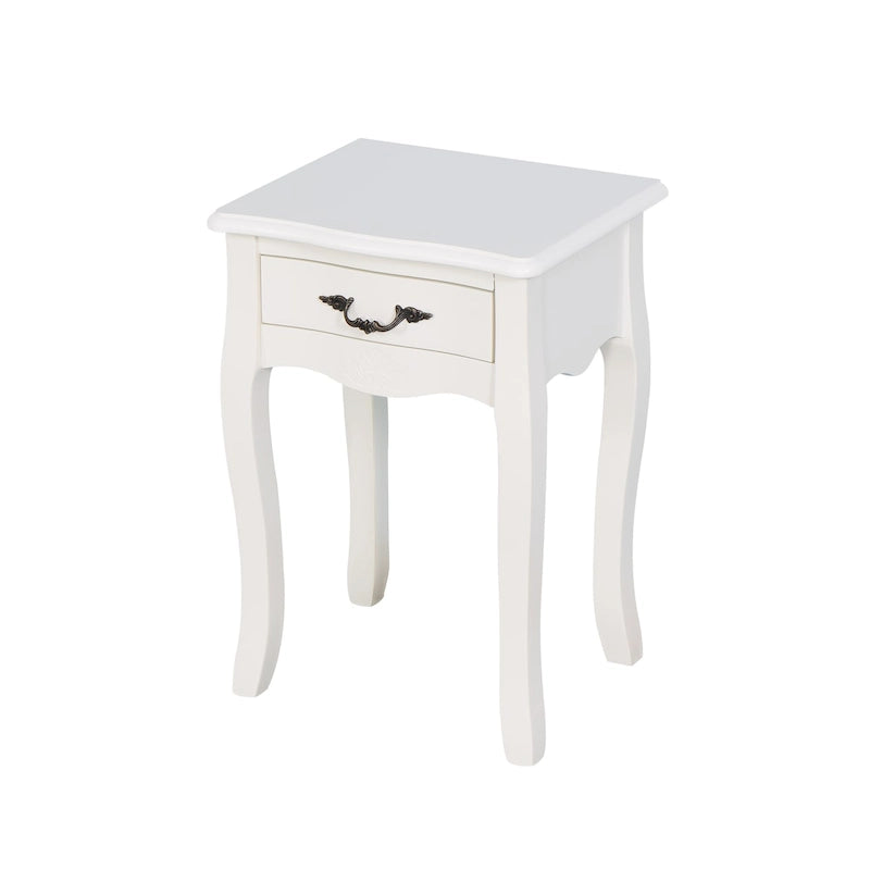 Table de chevet blanche de style français avec tiroir et pieds courbés