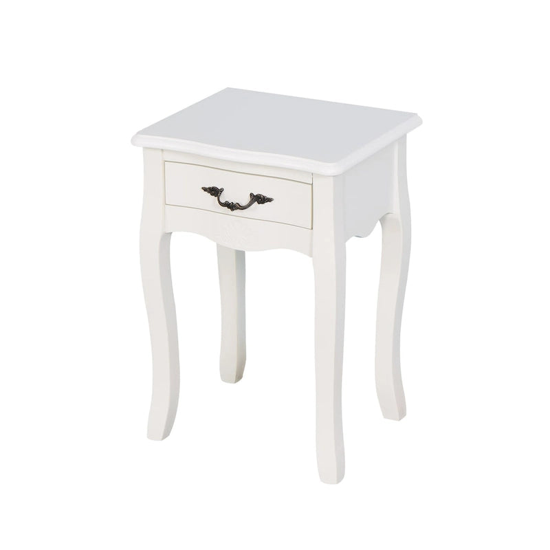 Table de chevet blanche de style français avec tiroir et pieds courbés