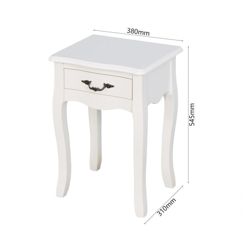 Table de chevet blanche de style français avec tiroir et pieds courbés