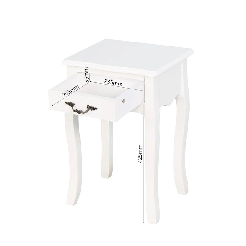 Table de chevet blanche de style français avec tiroir et pieds courbés