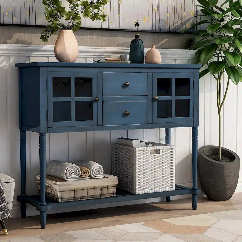 Bahut console de ferme antique bleu marine avec portes vitrées et étagère inférieure
