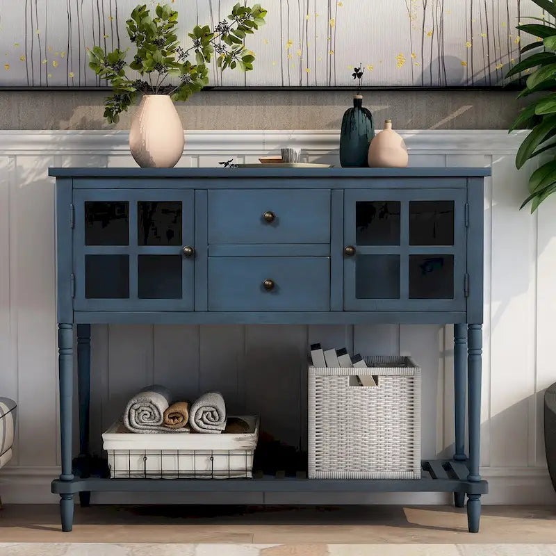 Bahut console de ferme antique bleu marine avec portes vitrées et étagère inférieure