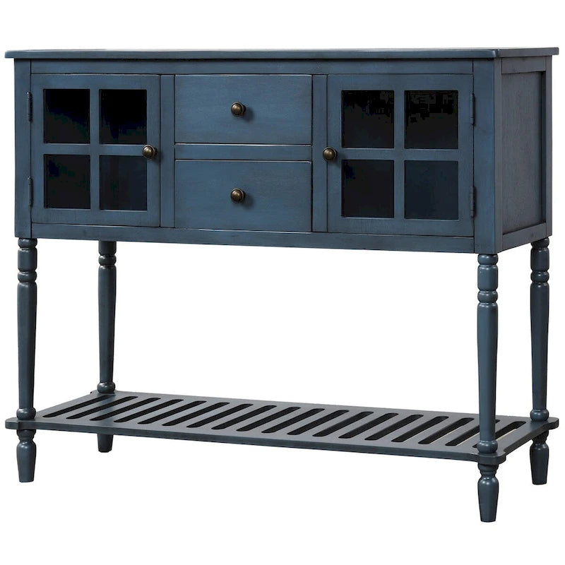 Bahut console de ferme antique bleu marine avec portes vitrées et étagère inférieure