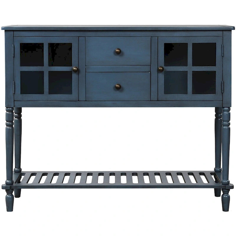 Bahut console de ferme antique bleu marine avec portes vitrées et étagère inférieure