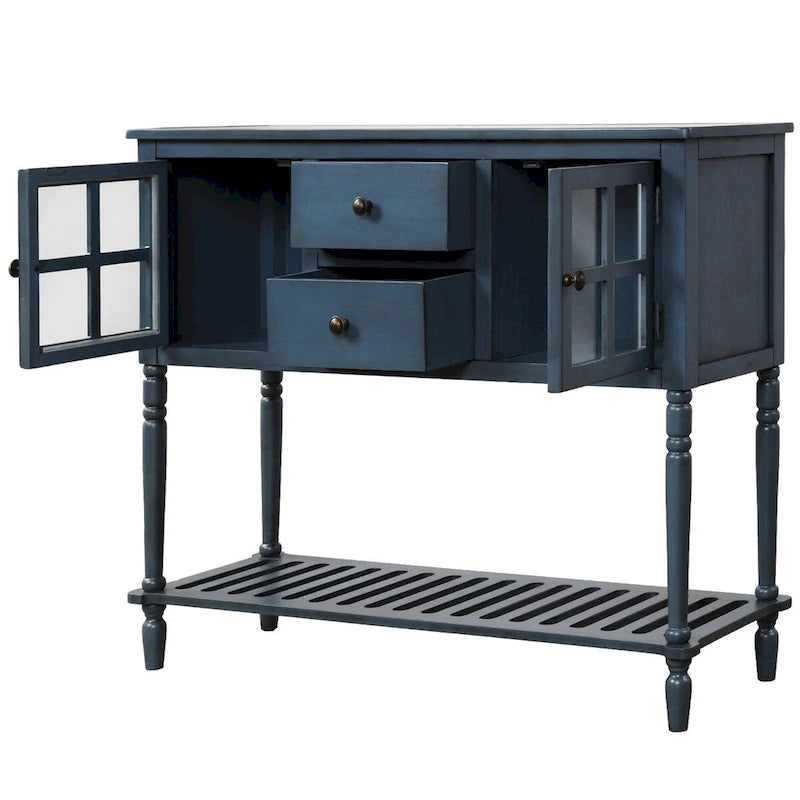 Bahut console de ferme antique bleu marine avec portes vitrées et étagère inférieure