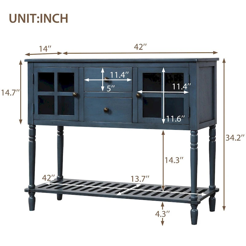 Bahut console de ferme antique bleu marine avec portes vitrées et étagère inférieure