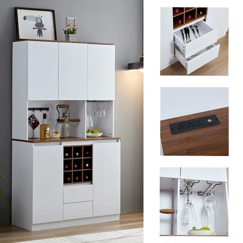 Meuble de Bar/Café de Ferme avec Étagère à Vin, Porte-Verres et Station de Chargement