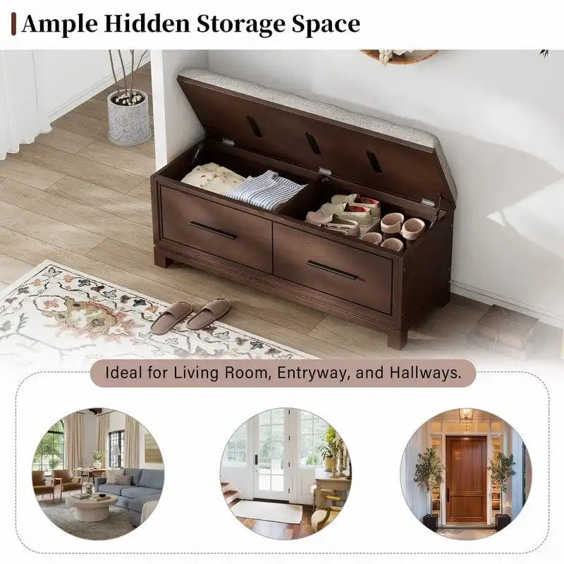 Banc à chaussures avec coussin amovible et rangement dissimulé pour l'organisation de l'entrée et du salon