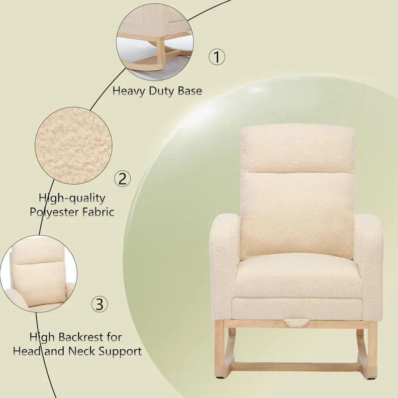 Fauteuil à bascule moderne à dossier haut rembourré de 29,5 po avec pieds en bois massif et repose-pieds réglable