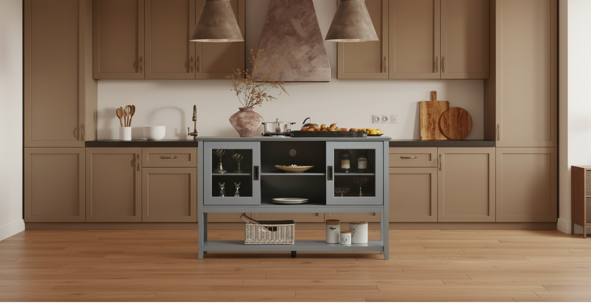 Wide Angle Kitchen with Blue-Grey Sideboard